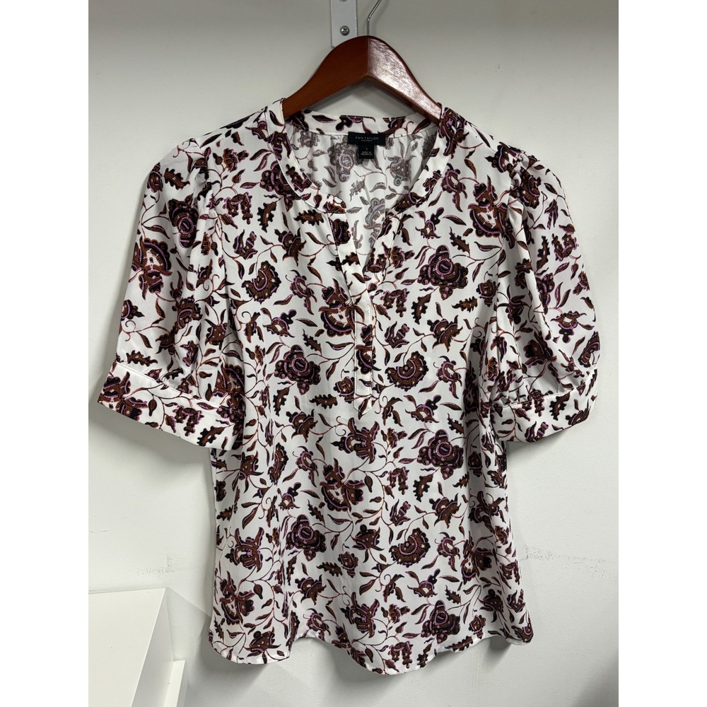 Ann Taylor Factory Womens Small Paisley Floral Split Neck Puff Sleeve Blouse